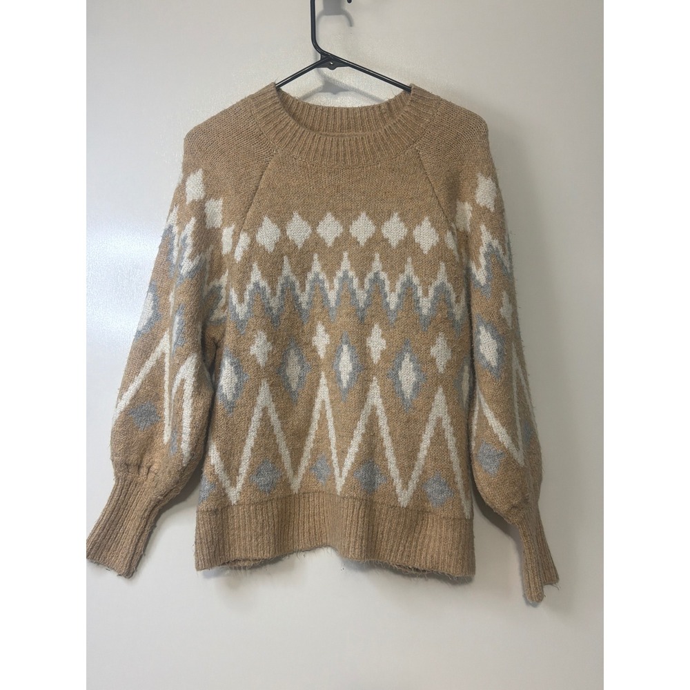 A New Day Womens Tan Grey Geometric Diamond Knit Crewneck Sweater Small